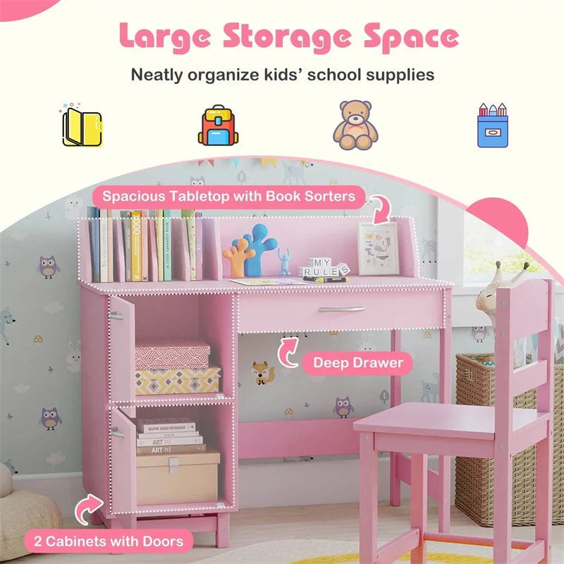 Wooden Kids Desk and Chair Set with Hutch, Storage Drawer & Cabinet - Product image 37
