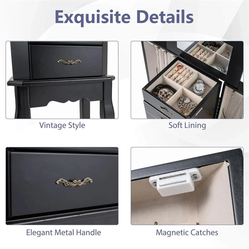 Standing Jewelry Armoire Cabinet with Flip Top Mirror, 4 Drawers, 2 Side Doors & Necklace Hooks - Product image 17