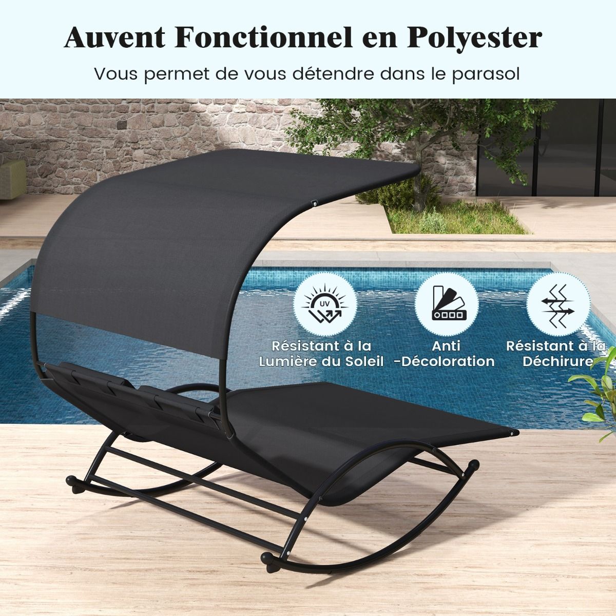 Double Lounger Rocking Chair for 2 People 2 Removable Headrests Sturdy Metal Frame Ergonomic 2-Seater Daybed Grey/Black/Beige -