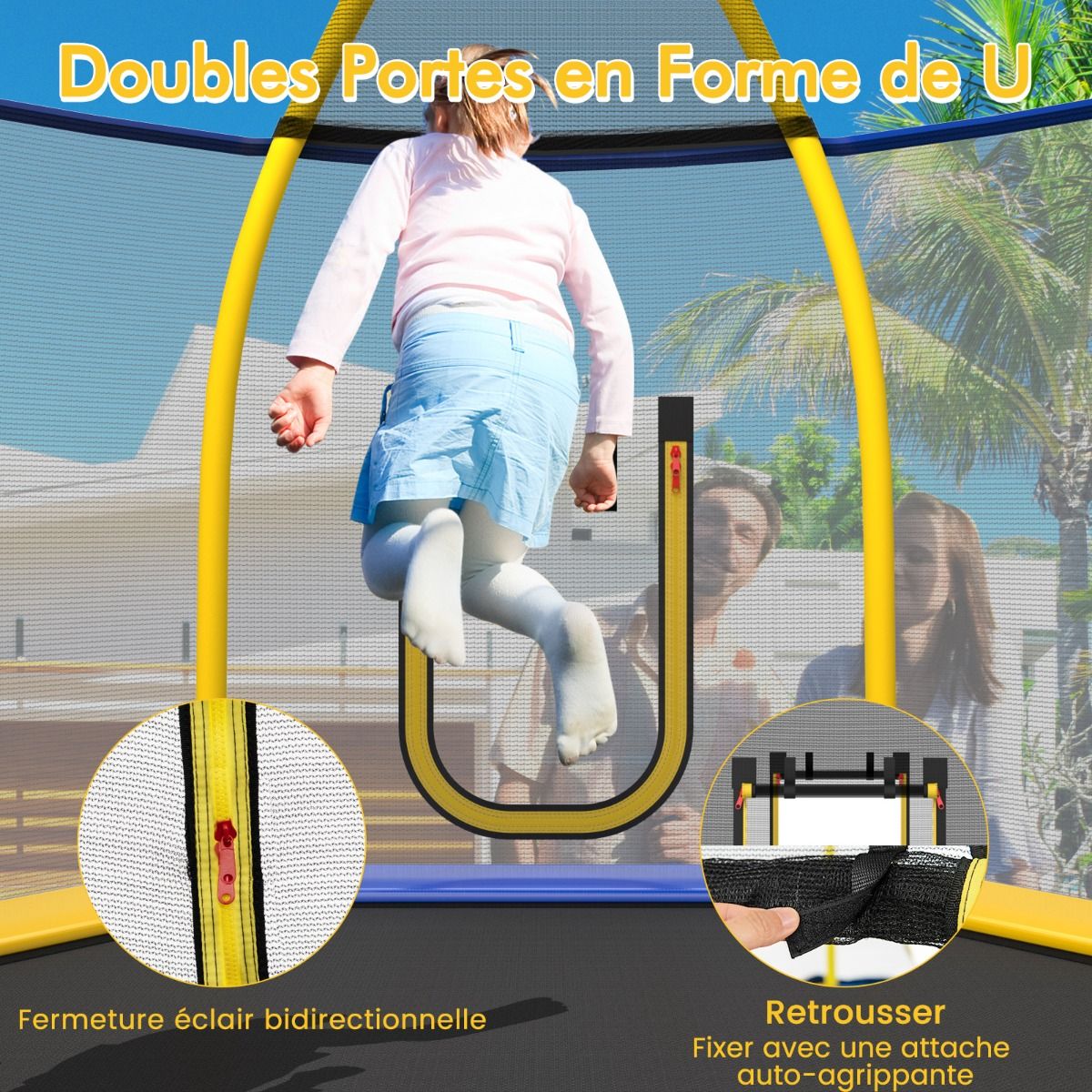 Outdoor Trampoline Ø 223cm with Slide & Ladder with Safety Net 2 U-shaped doors Load 270kg for 2-3 Children aged 3+ Blue/Green -