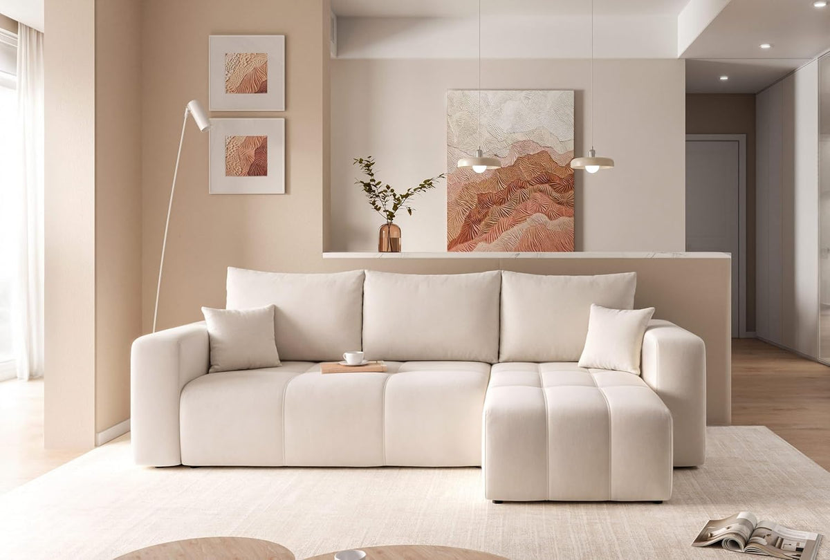 GREKPOL Convertible Corner Sofa 145x248 Left or Right - Beige 3-Seater Convertible Sofa with Storage Space