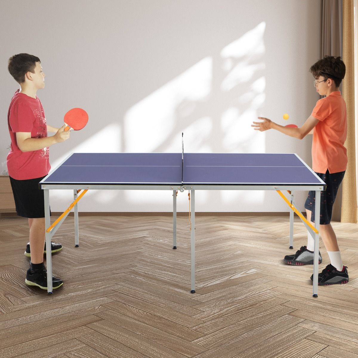 Space Saving Foldable Ping Pong Table with Table Tennis Net with 2 Rackets 3 Balls Adjustable Feet 180 x 90 x 76 cm -