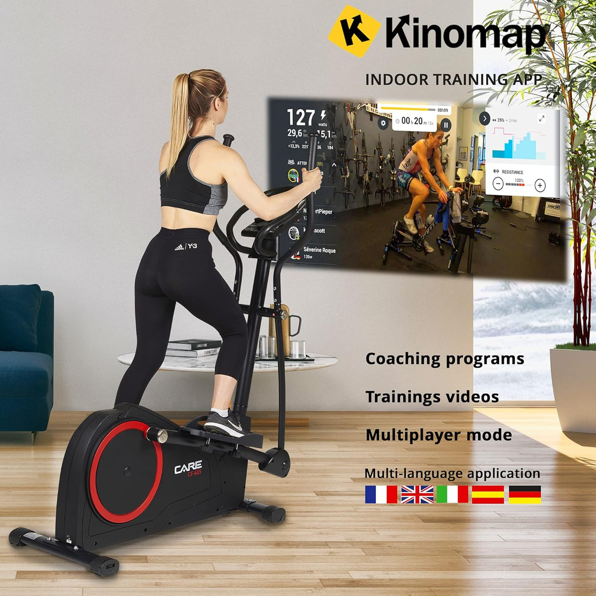 Care Fitness - Motorized Elliptical Trainer CE-685-24 Difficulty Levels - 24 Programs - LCD Screen Counter - USB Port - Tablet Holder - Kinomap Application Compatible