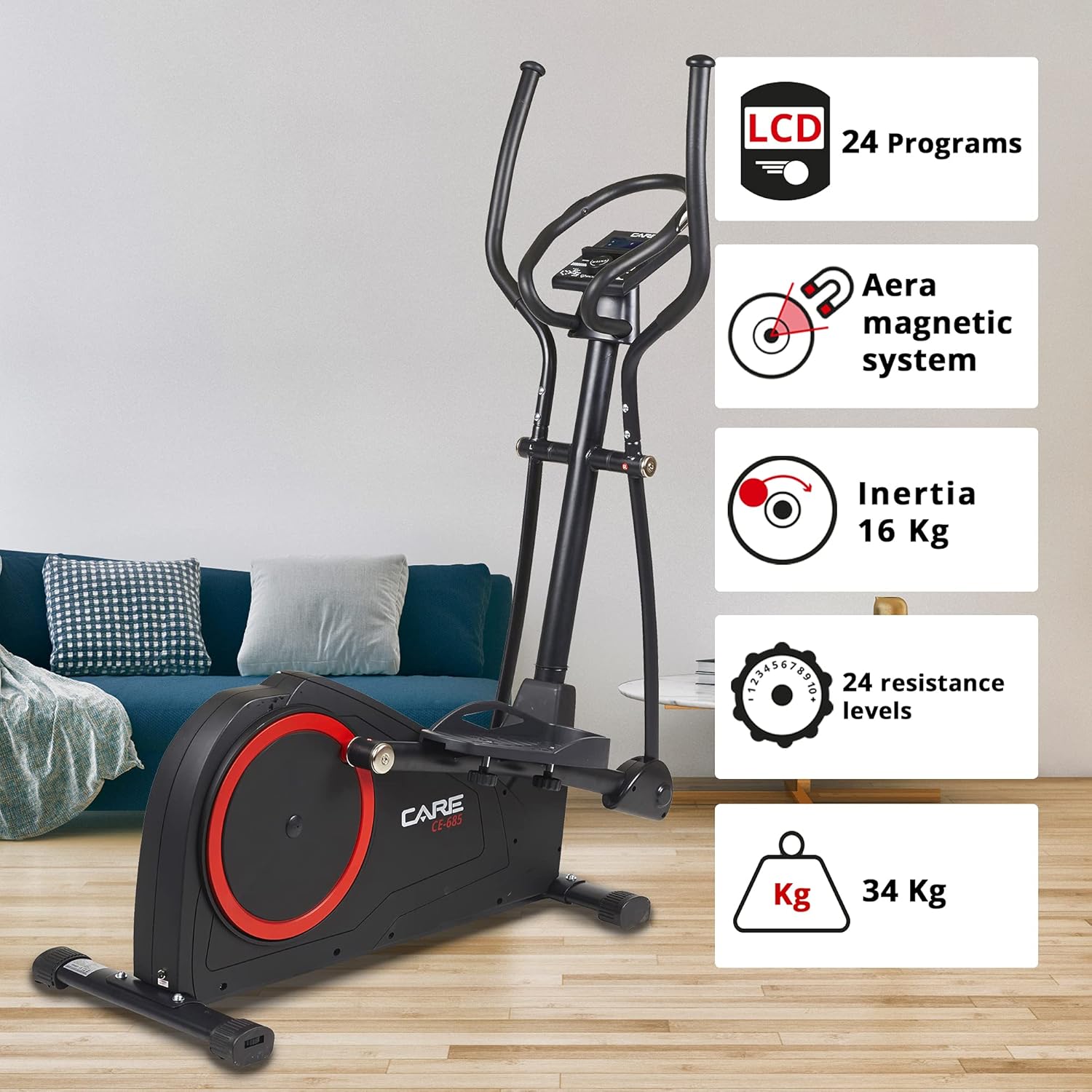 Care Fitness - Motorized Elliptical Trainer CE-685-24 Difficulty Levels - 24 Programs - LCD Screen Counter - USB Port - Tablet Holder - Kinomap Application Compatible