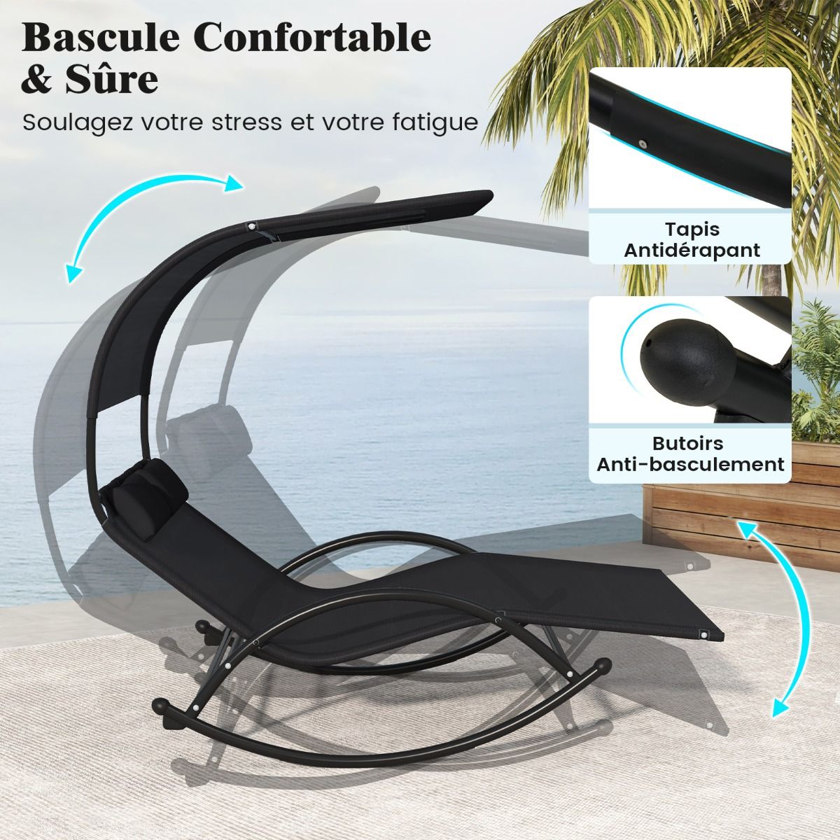 Double Lounger Rocking Chair for 2 People 2 Removable Headrests Sturdy Metal Frame Ergonomic 2-Seater Daybed Grey/Black/Beige -