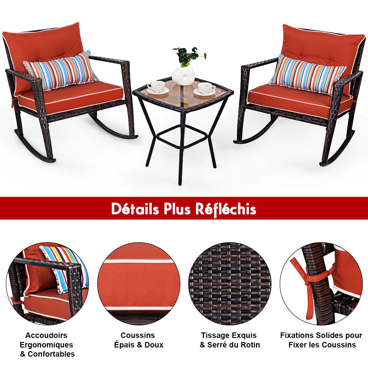 Garden Set with 2 Rocking Chairs and 1 Tempered Glass Coffee Table All Cushions Included in PE Rattan -