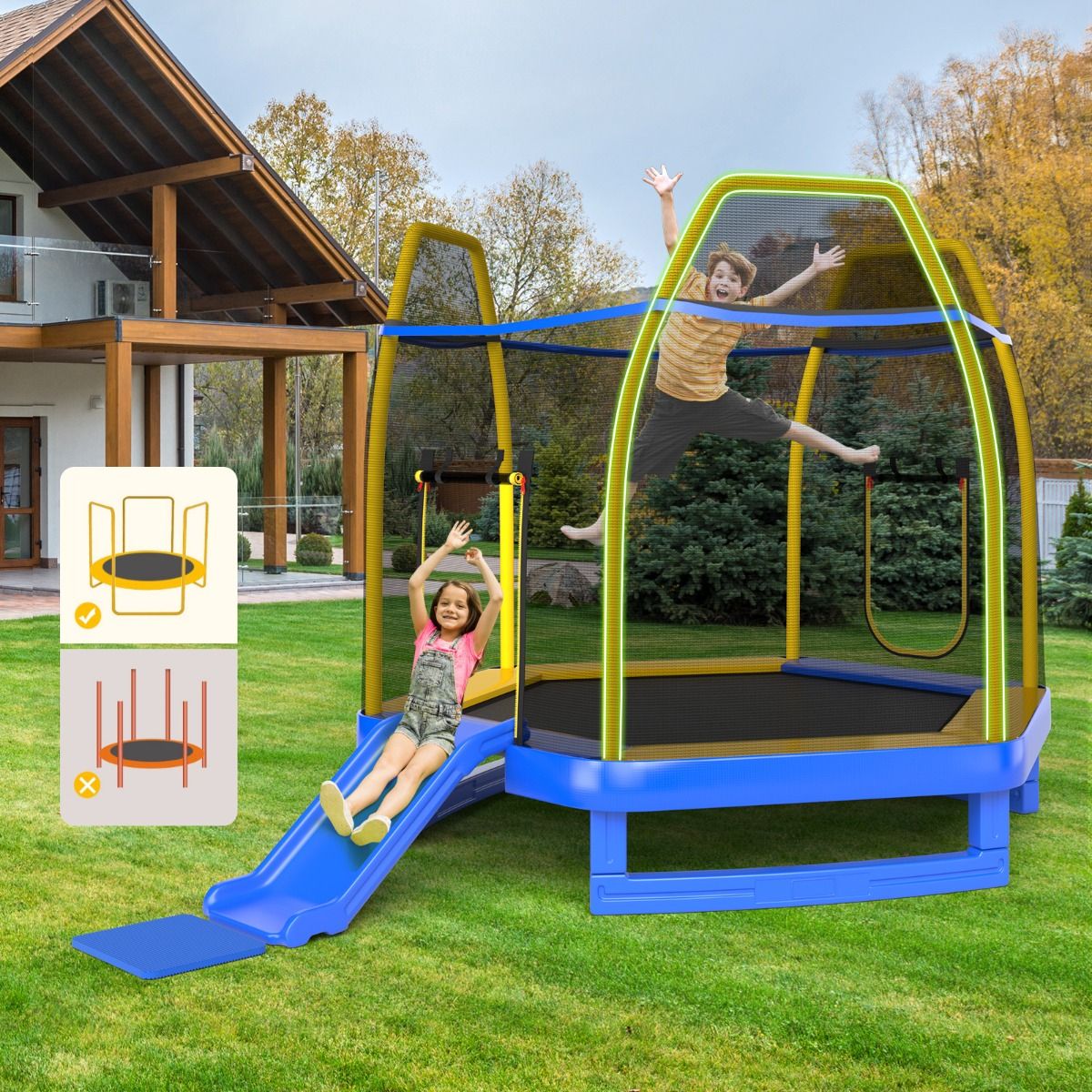 Outdoor Trampoline Ø 223cm with Slide & Ladder with Safety Net 2 U-shaped doors Load 270kg for 2-3 Children aged 3+ Blue/Green -