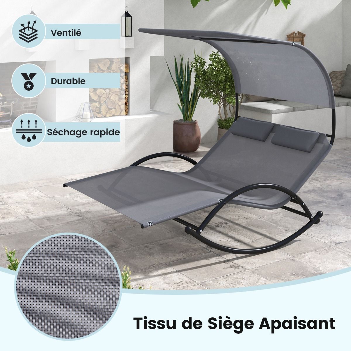 Double Lounger Rocking Chair for 2 People 2 Removable Headrests Sturdy Metal Frame Ergonomic 2-Seater Daybed Grey/Black/Beige -