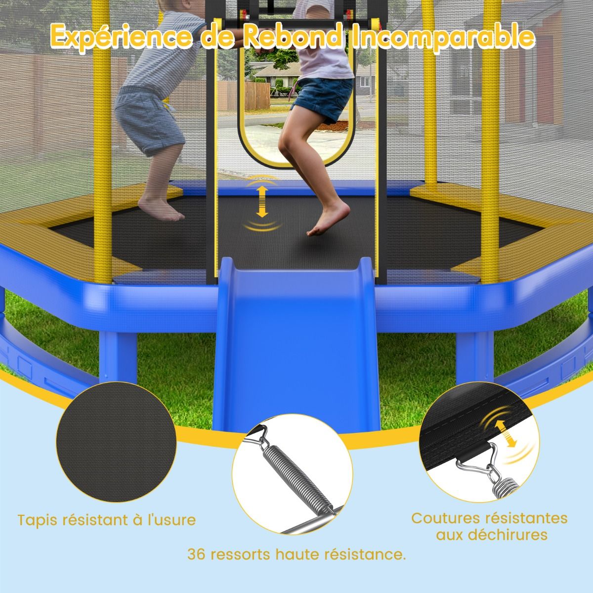 Outdoor Trampoline Ø 223cm with Slide & Ladder with Safety Net 2 U-shaped doors Load 270kg for 2-3 Children aged 3+ Blue/Green -