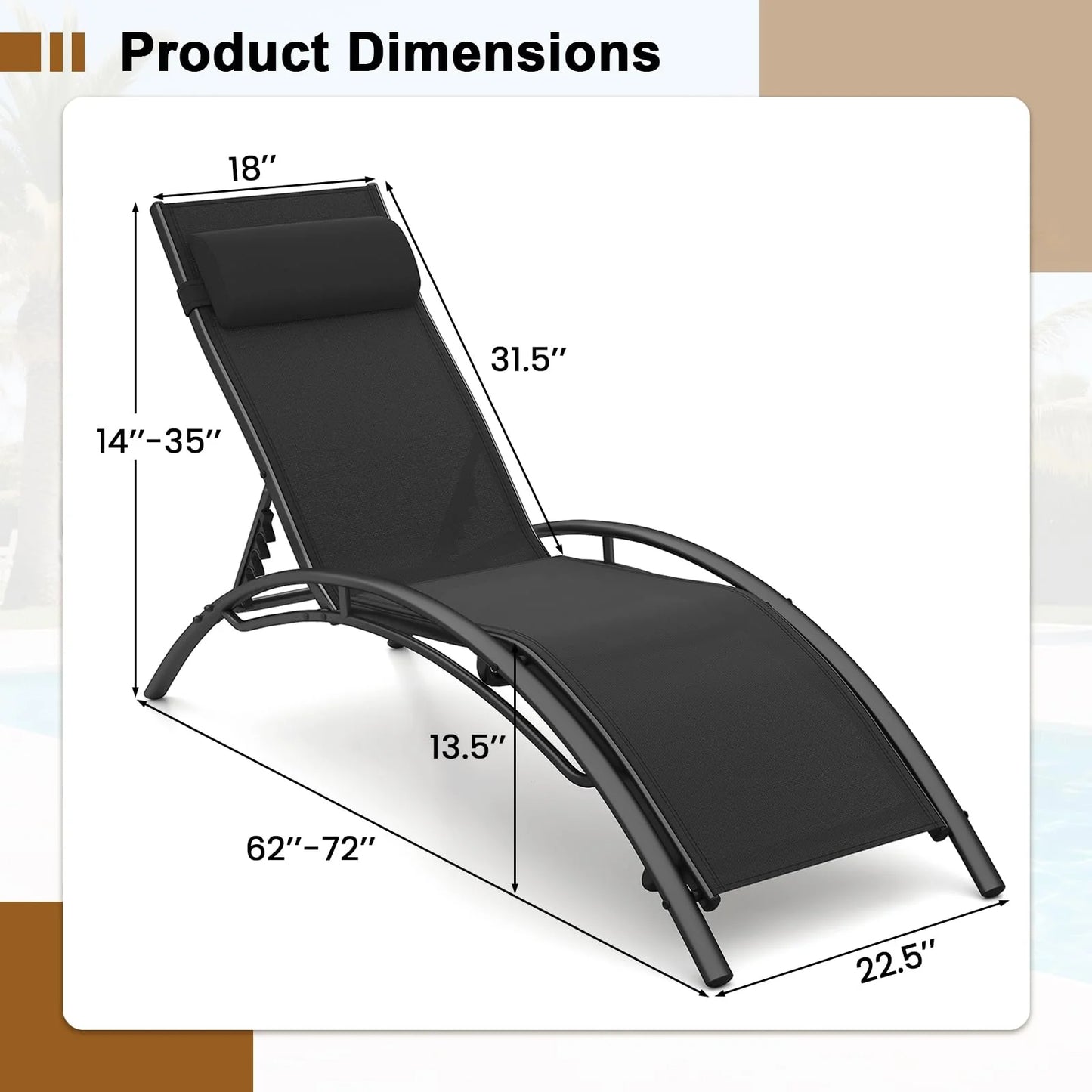 Tangkula Patio Chaise Lounges with 5-Position Backrest-Black - Product image 3