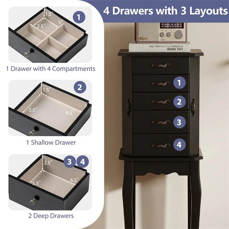 Standing Jewelry Armoire Cabinet with Flip Top Mirror, 4 Drawers, 2 Side Doors & Necklace Hooks - Product image 18