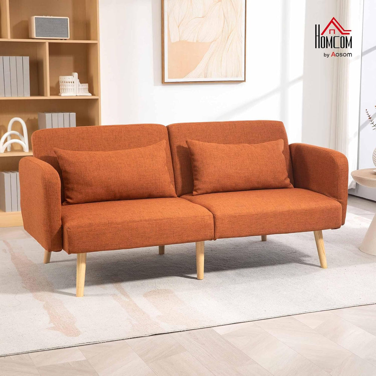 HOMCOM 3-seater convertible sofa, 2-seater sofa bed, reclining backrest and adjustable armrests, sofa bed in linen-effect fabric, solid wood legs, 2 washable cushions, Brown