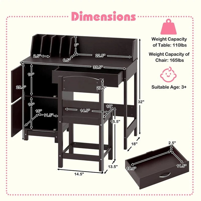 Wooden Kids Desk and Chair Set with Hutch, Storage Drawer & Cabinet - Product image 26