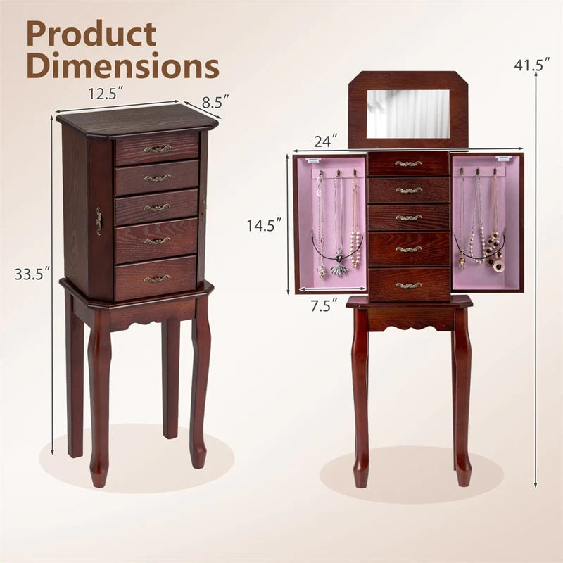 Standing Jewelry Armoire Cabinet with Flip Top Mirror, 4 Drawers, 2 Side Doors & Necklace Hooks - Product image 10