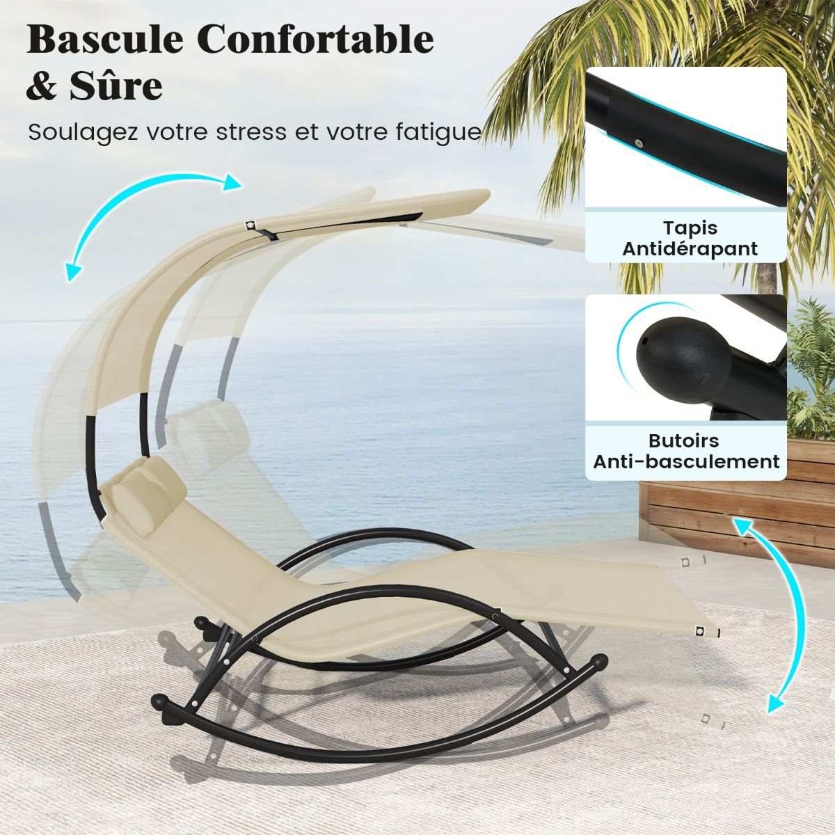 Double Lounger Rocking Chair for 2 People 2 Removable Headrests Sturdy Metal Frame Ergonomic 2-Seater Daybed Grey/Black/Beige -