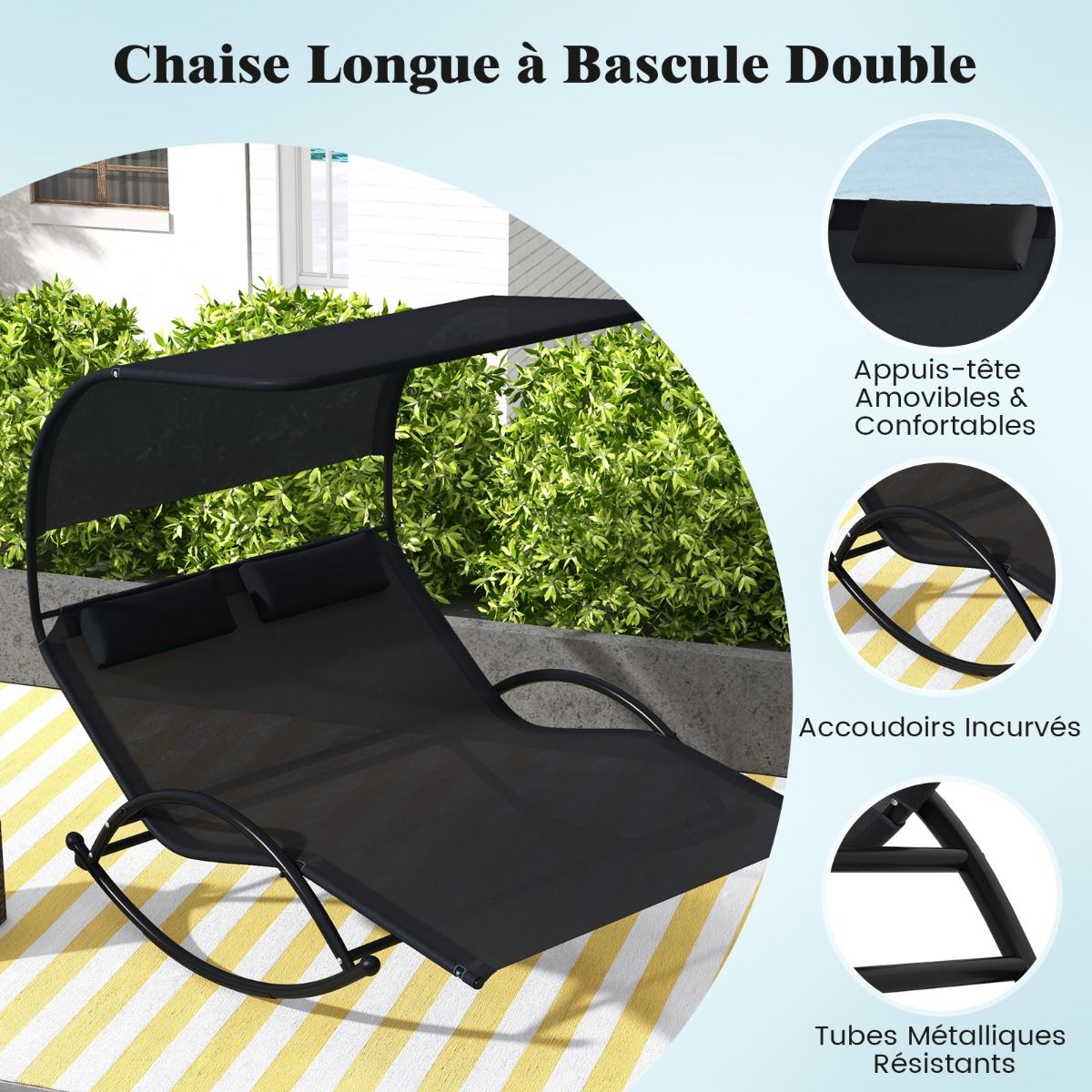 Double Lounger Rocking Chair for 2 People 2 Removable Headrests Sturdy Metal Frame Ergonomic 2-Seater Daybed Grey/Black/Beige -