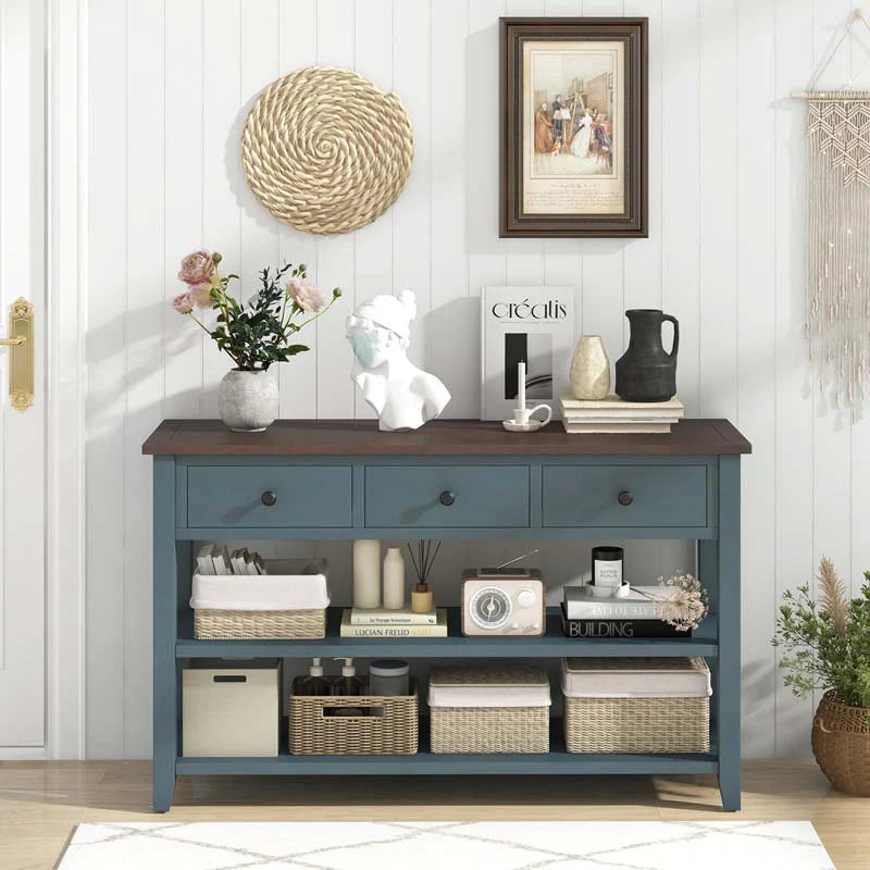 50" Farmhouse Entryway Table, Narrow Console Table with 3 Storage Drawers & 2 Open Shelves - Product image 3