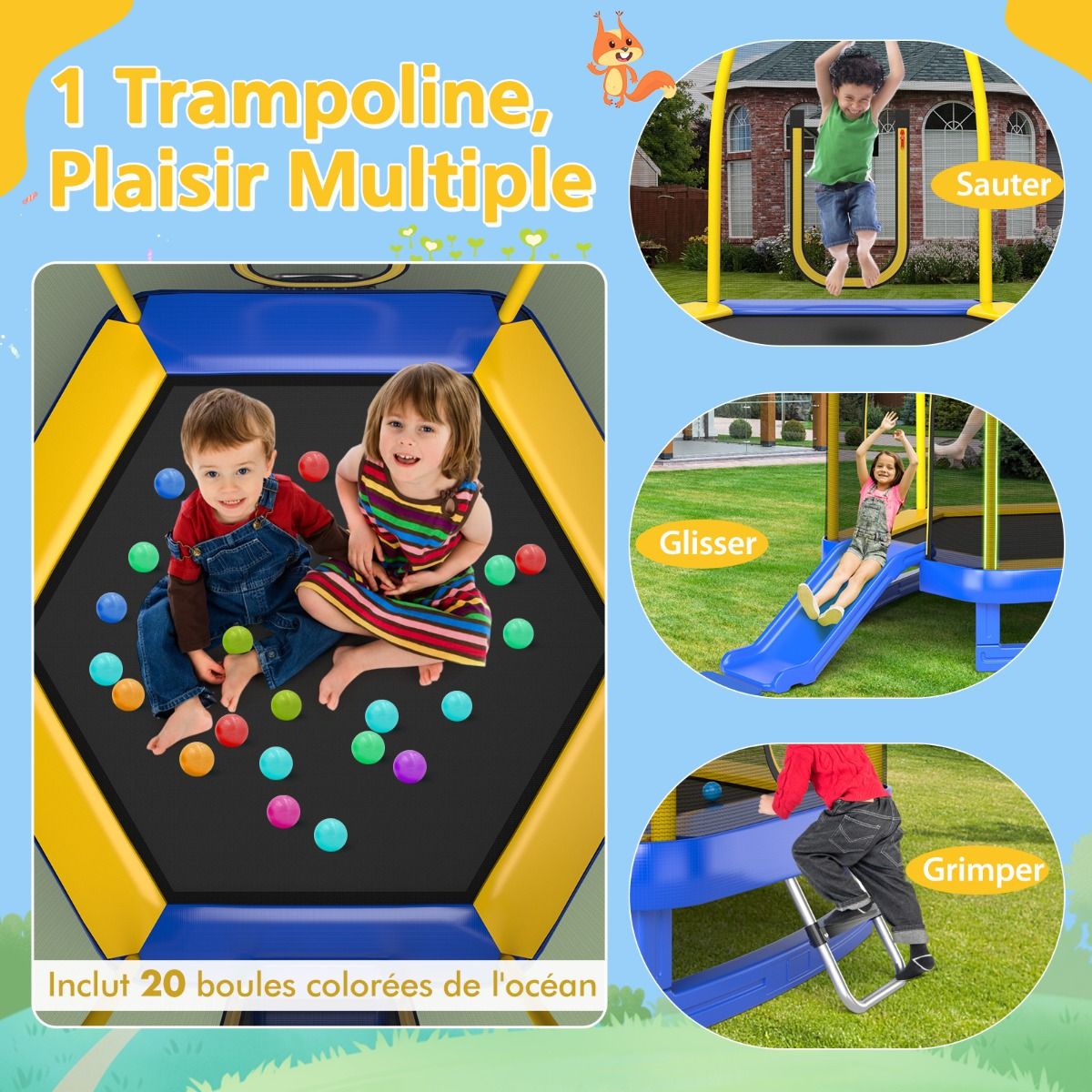 Outdoor Trampoline Ø 223cm with Slide & Ladder with Safety Net 2 U-shaped doors Load 270kg for 2-3 Children aged 3+ Blue/Green -