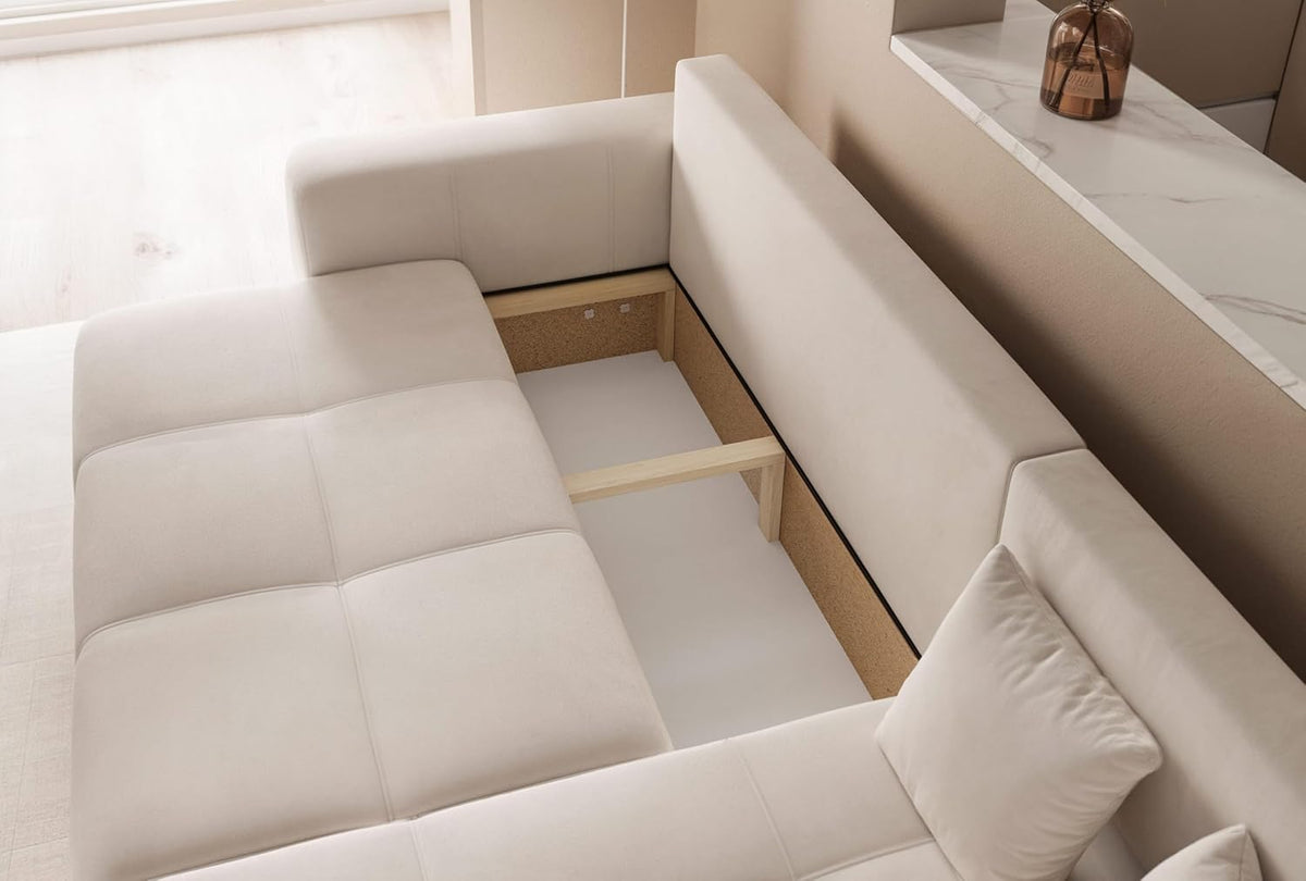 GREKPOL Convertible Corner Sofa 145x248 Left or Right - Beige 3-Seater Convertible Sofa with Storage Space