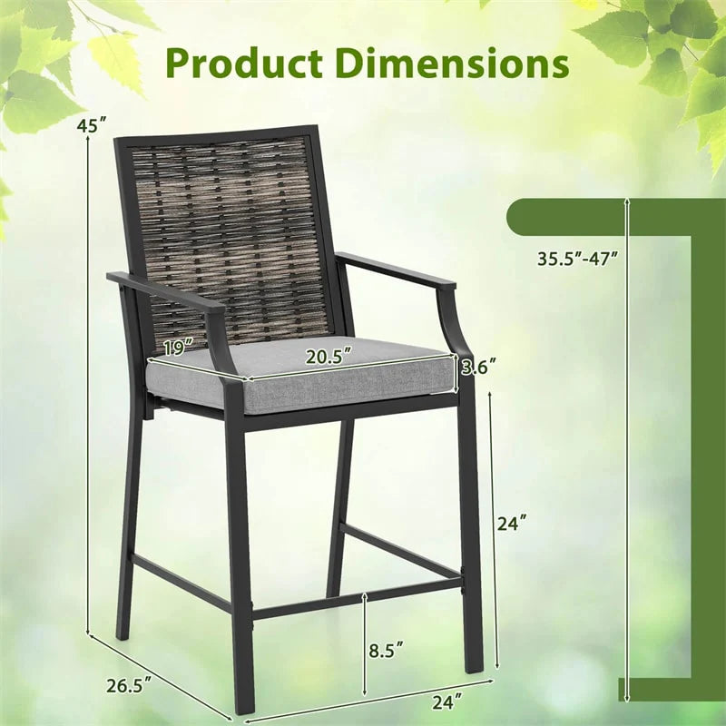 Outdoor Metal Bar Stools Set of 2 with Rattan Back, Armrest, Fabric Seat & Cushions - Product image 4