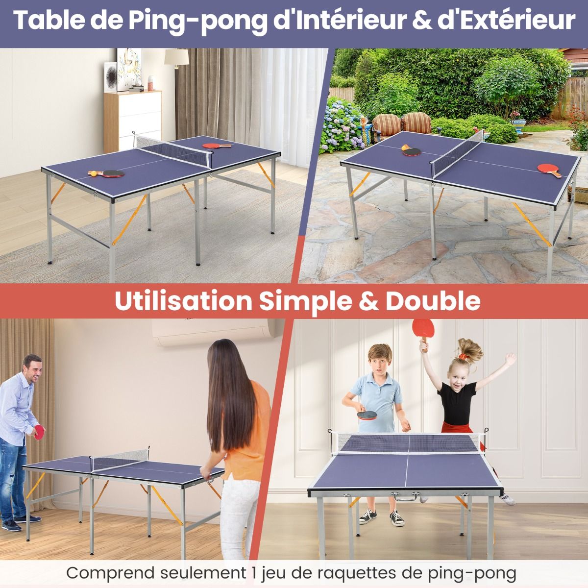 Space Saving Foldable Ping Pong Table with Table Tennis Net with 2 Rackets 3 Balls Adjustable Feet 180 x 90 x 76 cm -
