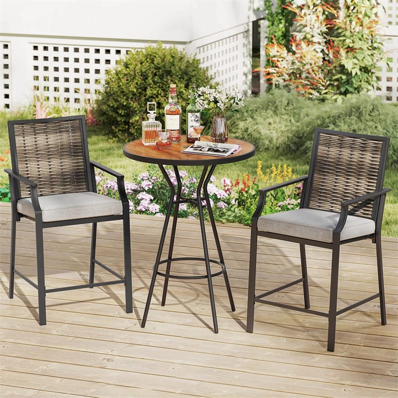 Outdoor Metal Bar Stools Set of 2 with Rattan Back, Armrest, Fabric Seat & Cushions - Product image 3