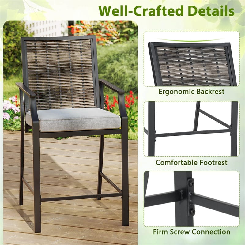 Outdoor Metal Bar Stools Set of 2 with Rattan Back, Armrest, Fabric Seat & Cushions - Product image 7