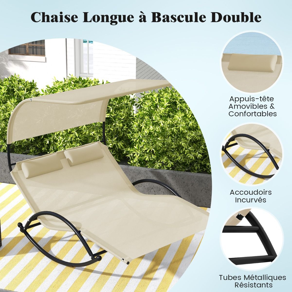Double Lounger Rocking Chair for 2 People 2 Removable Headrests Sturdy Metal Frame Ergonomic 2-Seater Daybed Grey/Black/Beige -