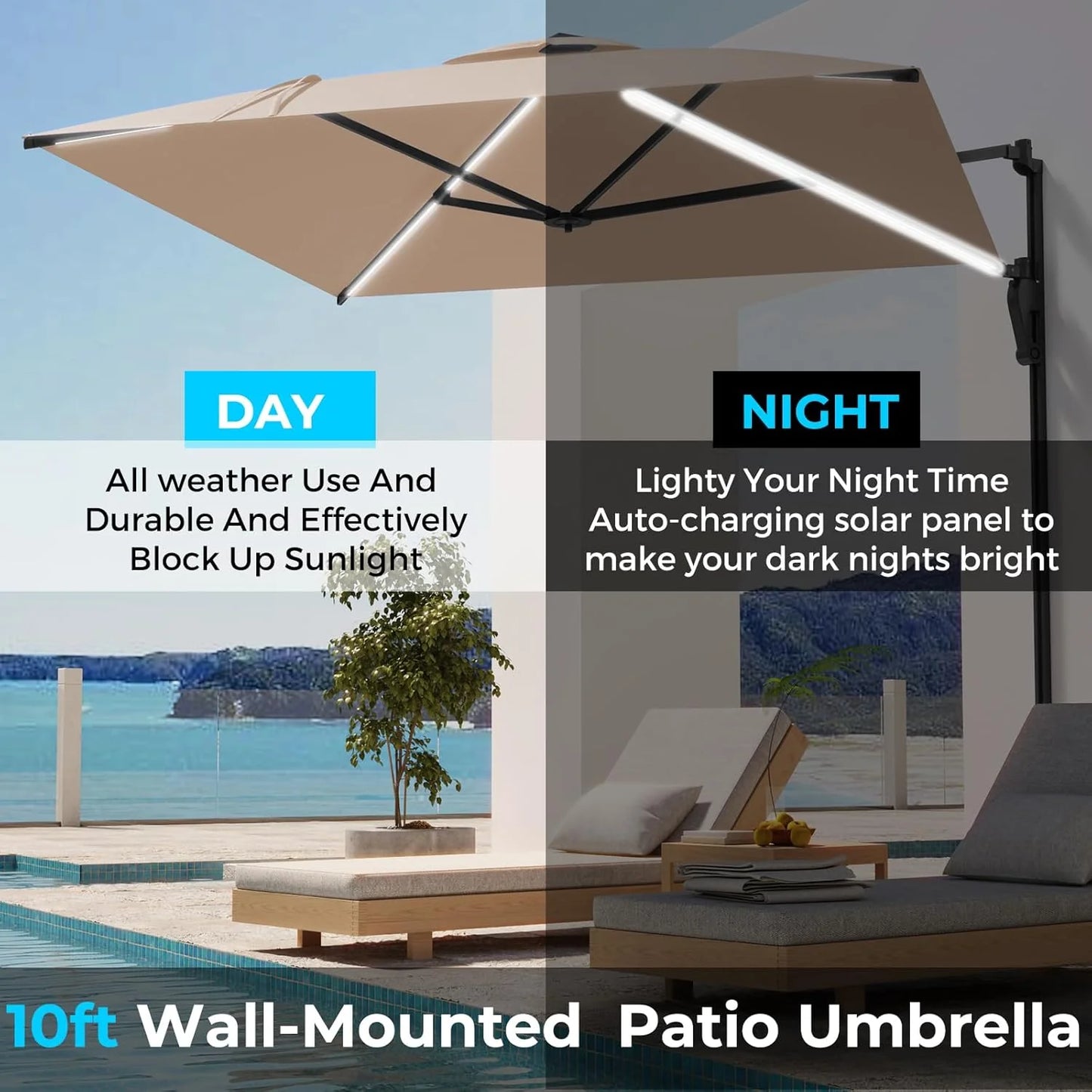 AECOJOY 10FT Large Patio Umbrella with Solar Lights, Rectangle Wall Mounted Outdoor Patio Umbrella, Beige - Product image 7