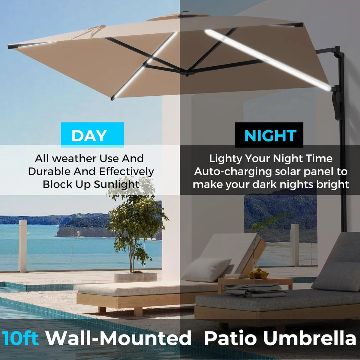 AECOJOY 10FT Large Patio Umbrella with Solar Lights, Rectangle Wall Mounted Outdoor Patio Umbrella, Beige - Product image 7