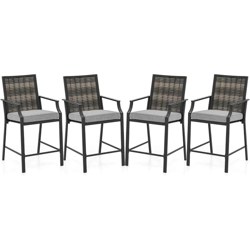 Outdoor Metal Bar Stools Set of 2 with Rattan Back, Armrest, Fabric Seat & Cushions - Product image 9