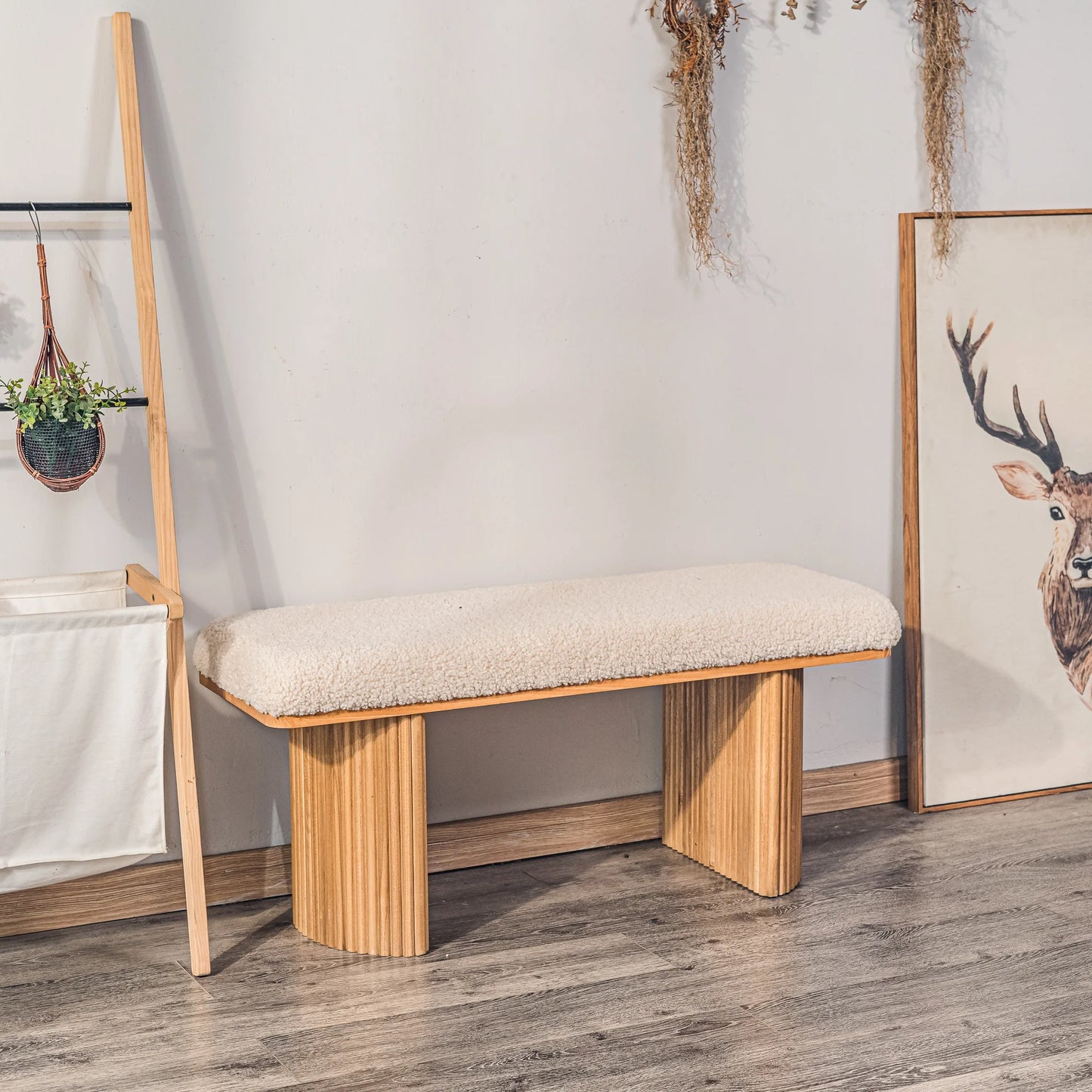 Solid Wood and Beige Velvet Bench Exotic Boho Entryway - Product image 17
