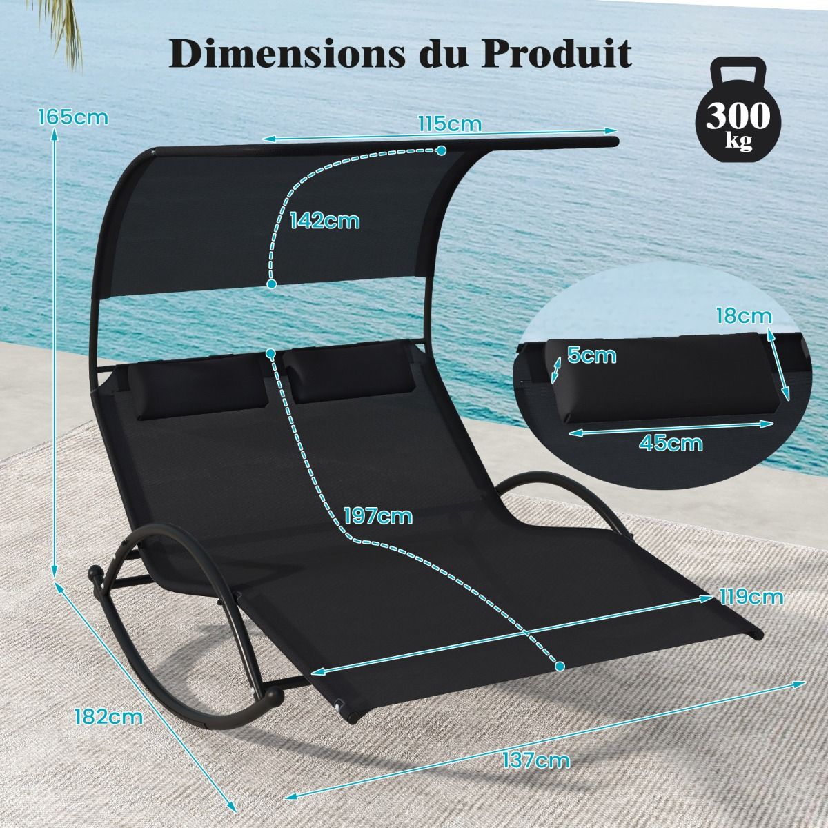 Double Lounger Rocking Chair for 2 People 2 Removable Headrests Sturdy Metal Frame Ergonomic 2-Seater Daybed Grey/Black/Beige -