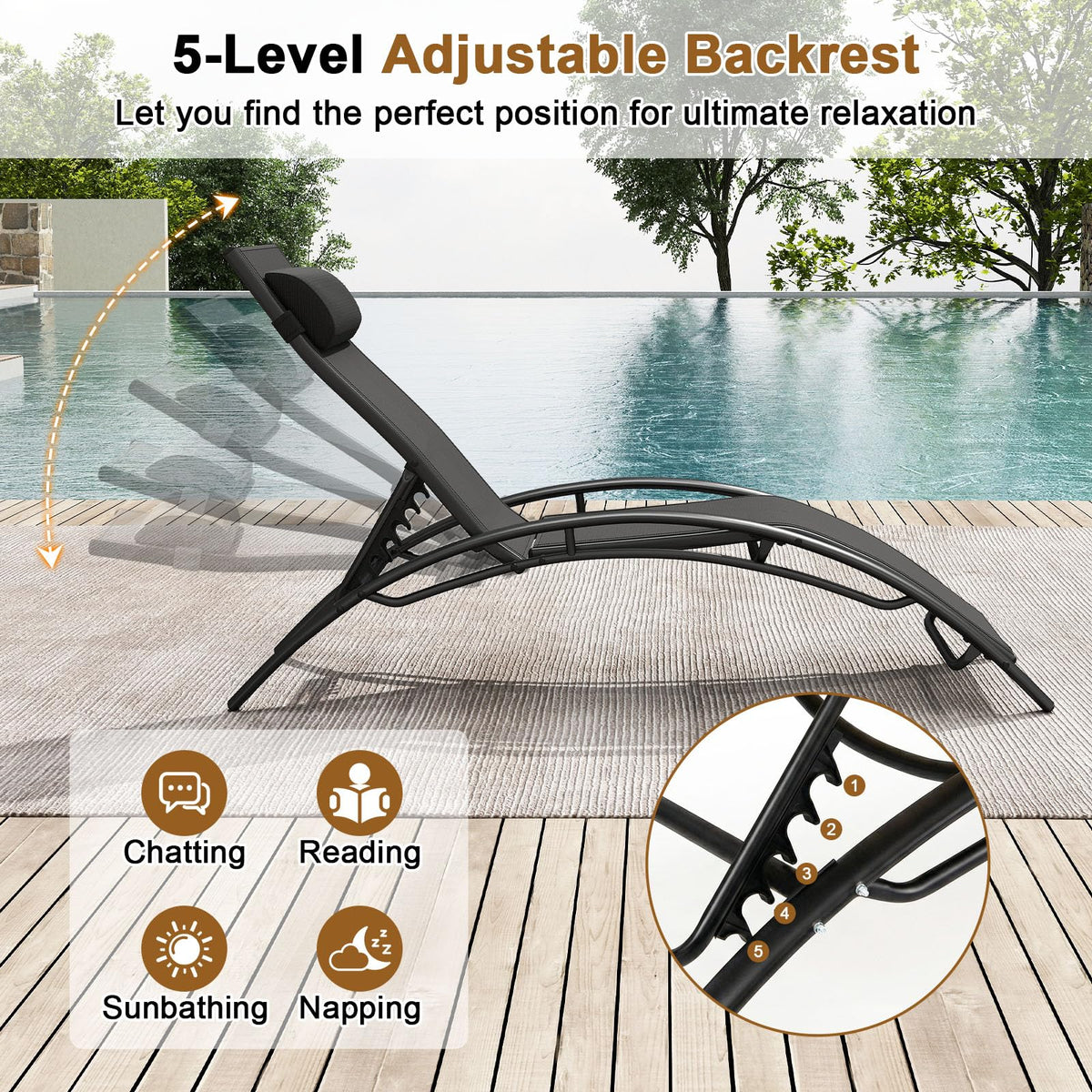 Tangkula Patio Chaise Lounges with 5-Position Backrest-Black - Product image 4