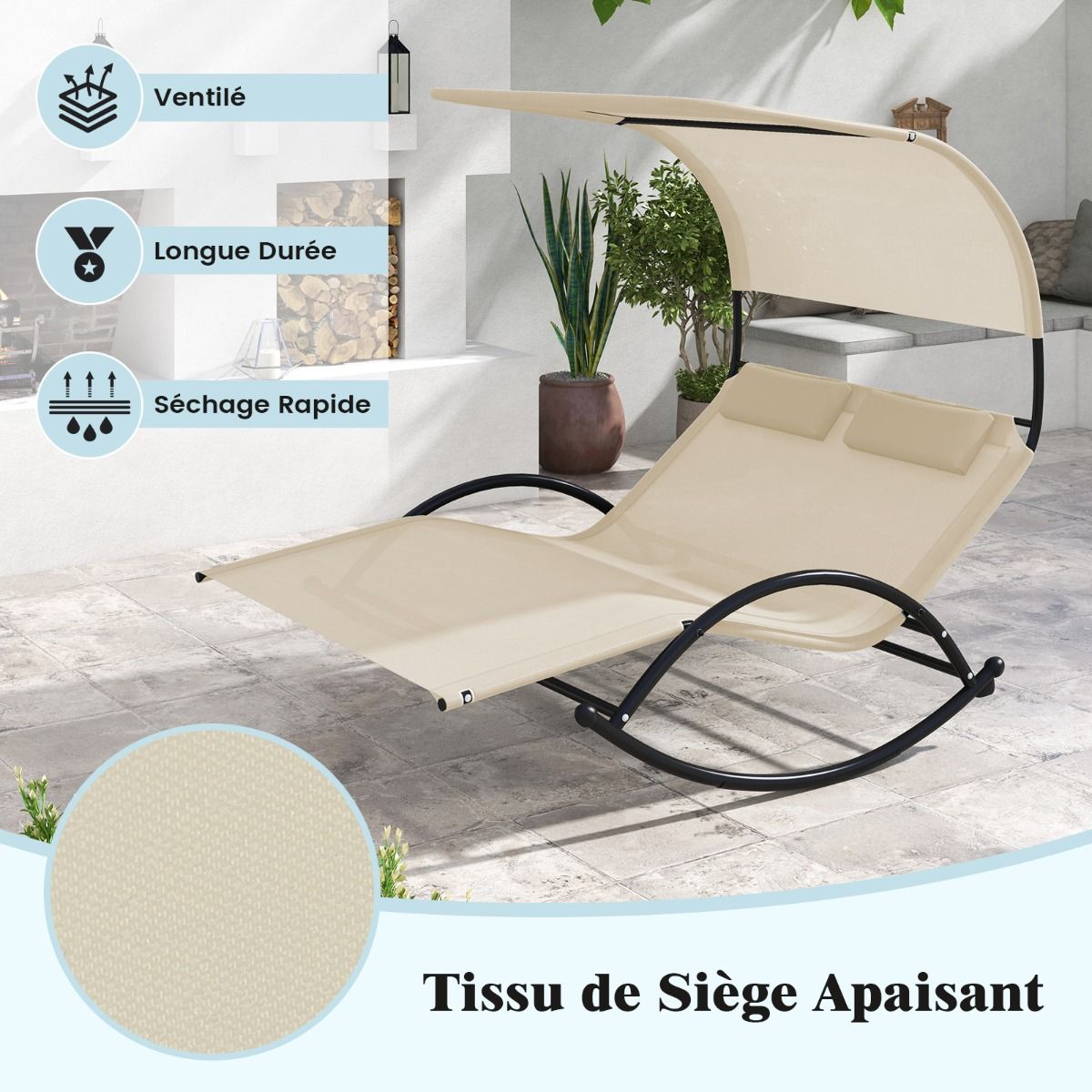 Double Lounger Rocking Chair for 2 People 2 Removable Headrests Sturdy Metal Frame Ergonomic 2-Seater Daybed Grey/Black/Beige -