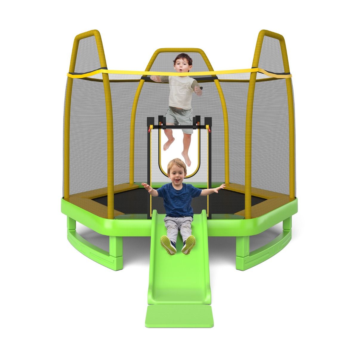Outdoor Trampoline Ø 223cm with Slide & Ladder with Safety Net 2 U-shaped doors Load 270kg for 2-3 Children aged 3+ Blue/Green -