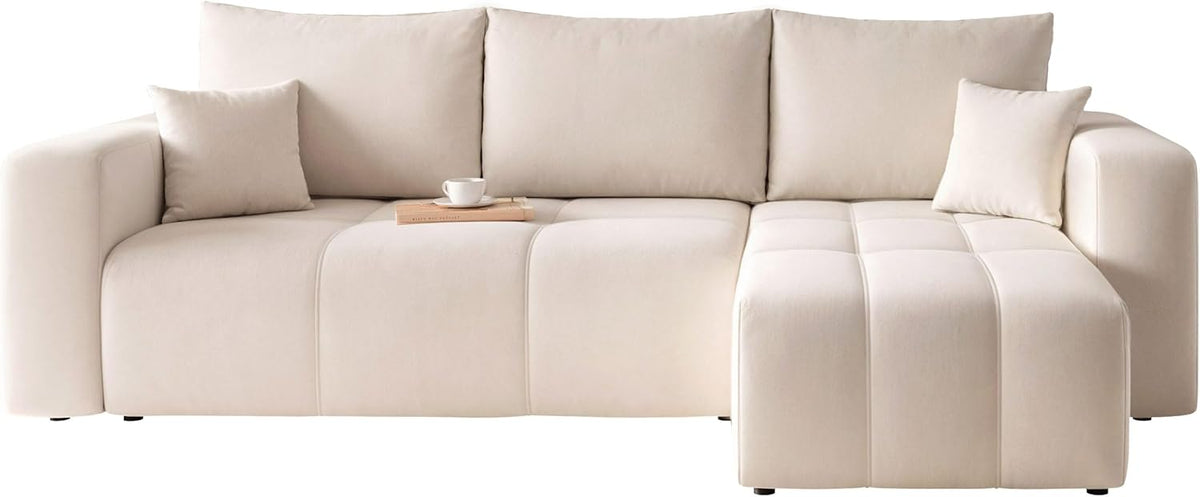GREKPOL Convertible Corner Sofa 145x248 Left or Right - Beige 3-Seater Convertible Sofa with Storage Space