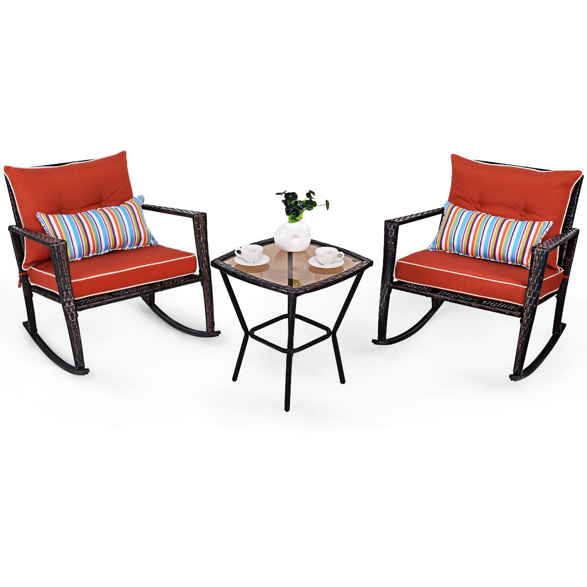 Garden Set with 2 Rocking Chairs and 1 Tempered Glass Coffee Table All Cushions Included in PE Rattan -