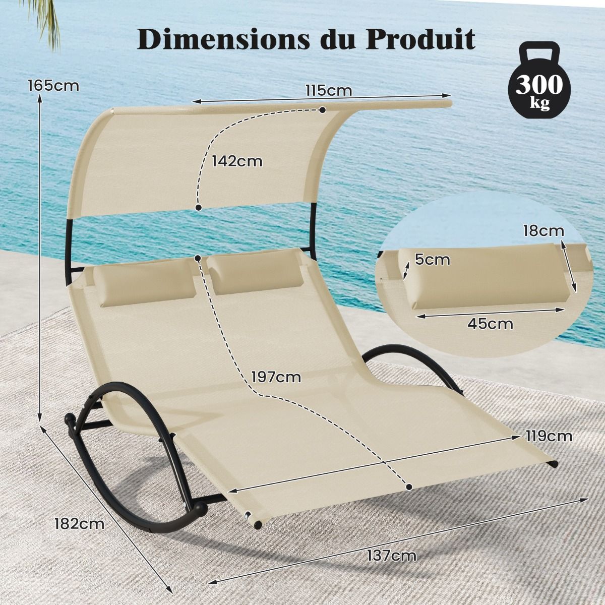 Double Lounger Rocking Chair for 2 People 2 Removable Headrests Sturdy Metal Frame Ergonomic 2-Seater Daybed Grey/Black/Beige -