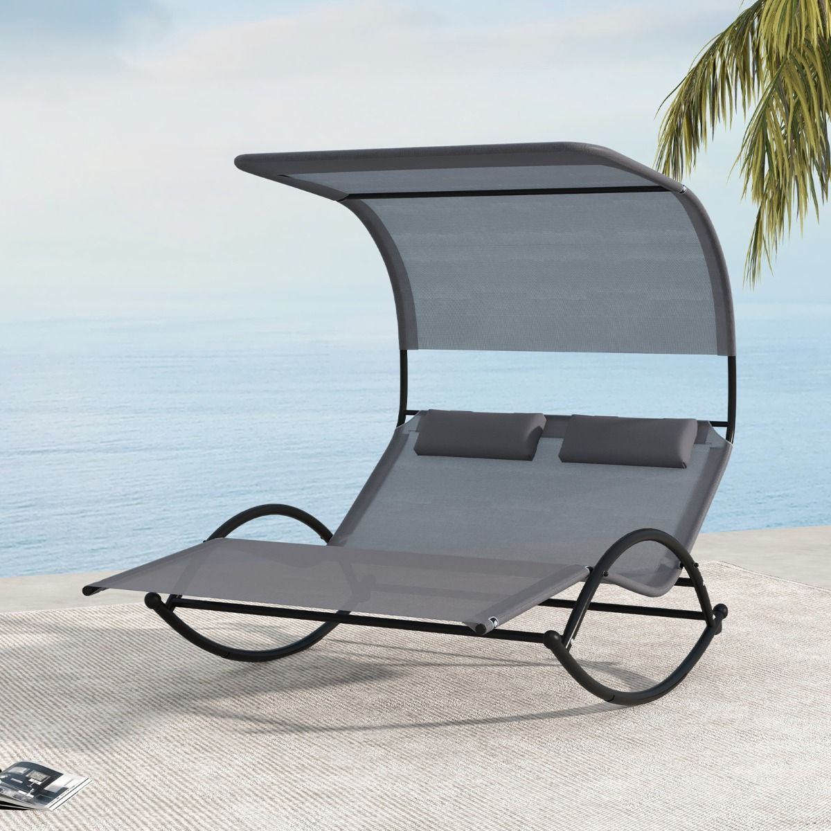 Double Lounger Rocking Chair for 2 People 2 Removable Headrests Sturdy Metal Frame Ergonomic 2-Seater Daybed Grey/Black/Beige -
