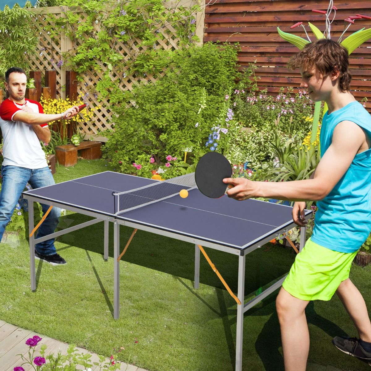Space Saving Foldable Ping Pong Table with Table Tennis Net with 2 Rackets 3 Balls Adjustable Feet 180 x 90 x 76 cm -
