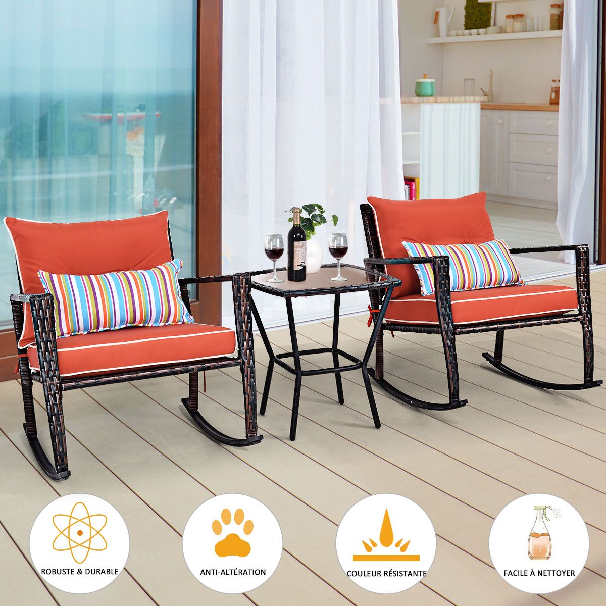 Garden Set with 2 Rocking Chairs and 1 Tempered Glass Coffee Table All Cushions Included in PE Rattan -