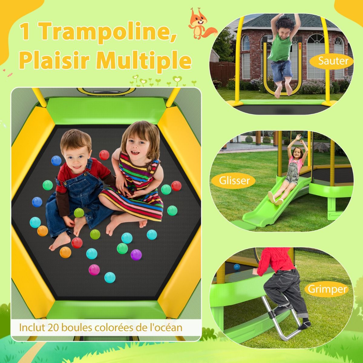 Outdoor Trampoline Ø 223cm with Slide & Ladder with Safety Net 2 U-shaped doors Load 270kg for 2-3 Children aged 3+ Blue/Green -