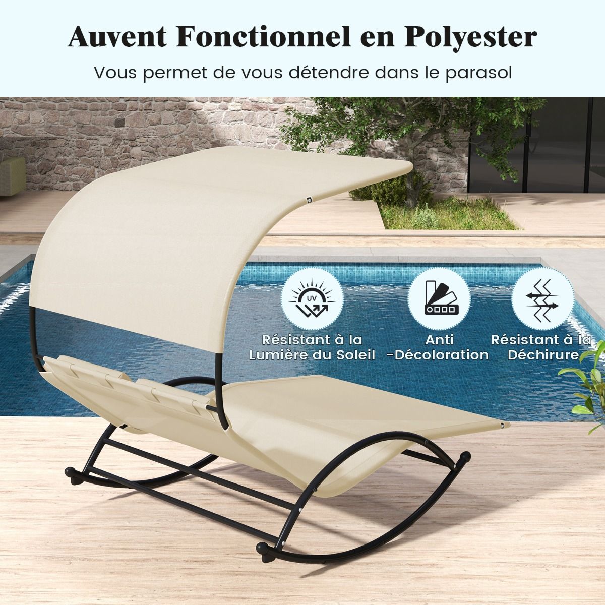 Double Lounger Rocking Chair for 2 People 2 Removable Headrests Sturdy Metal Frame Ergonomic 2-Seater Daybed Grey/Black/Beige -