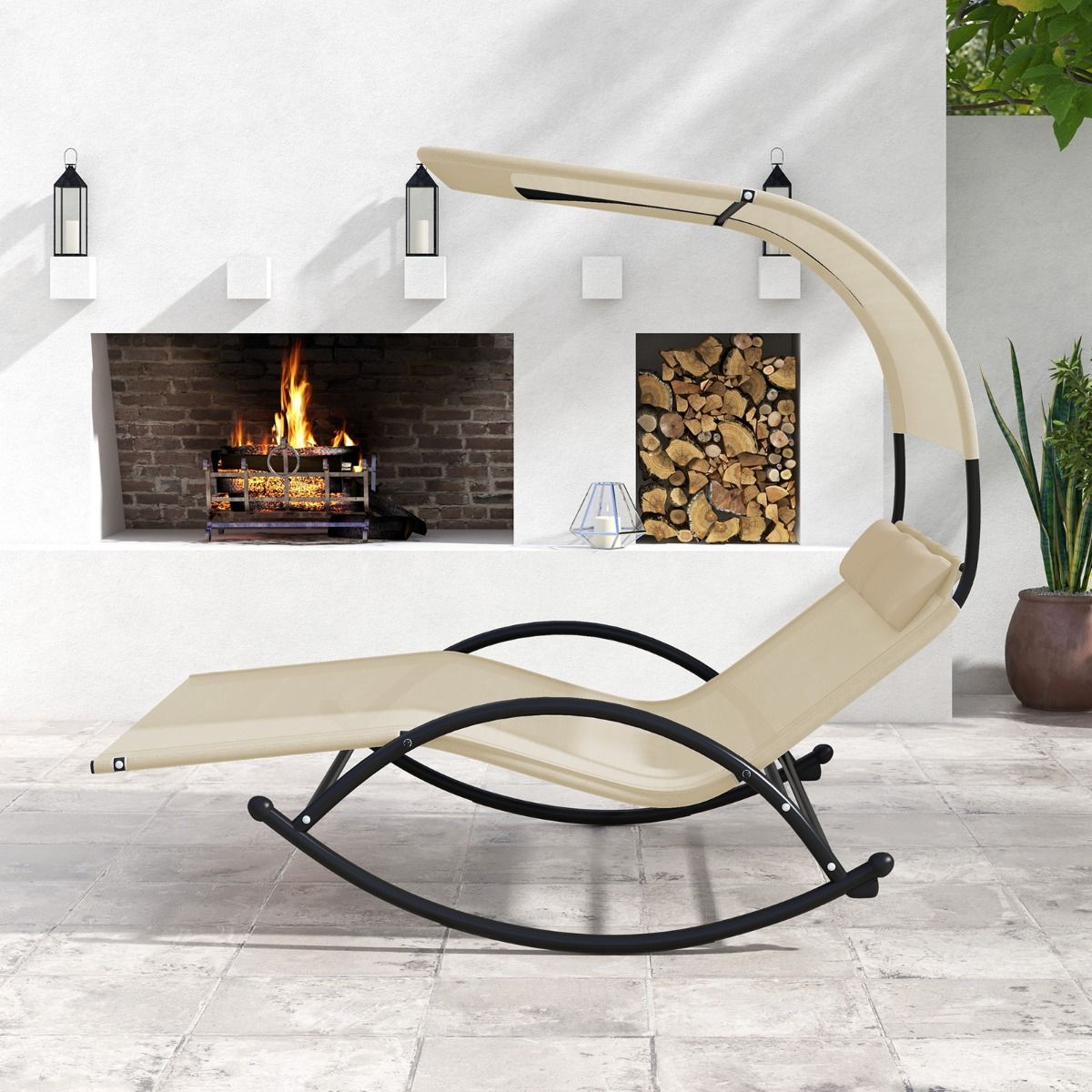 Double Lounger Rocking Chair for 2 People 2 Removable Headrests Sturdy Metal Frame Ergonomic 2-Seater Daybed Grey/Black/Beige -