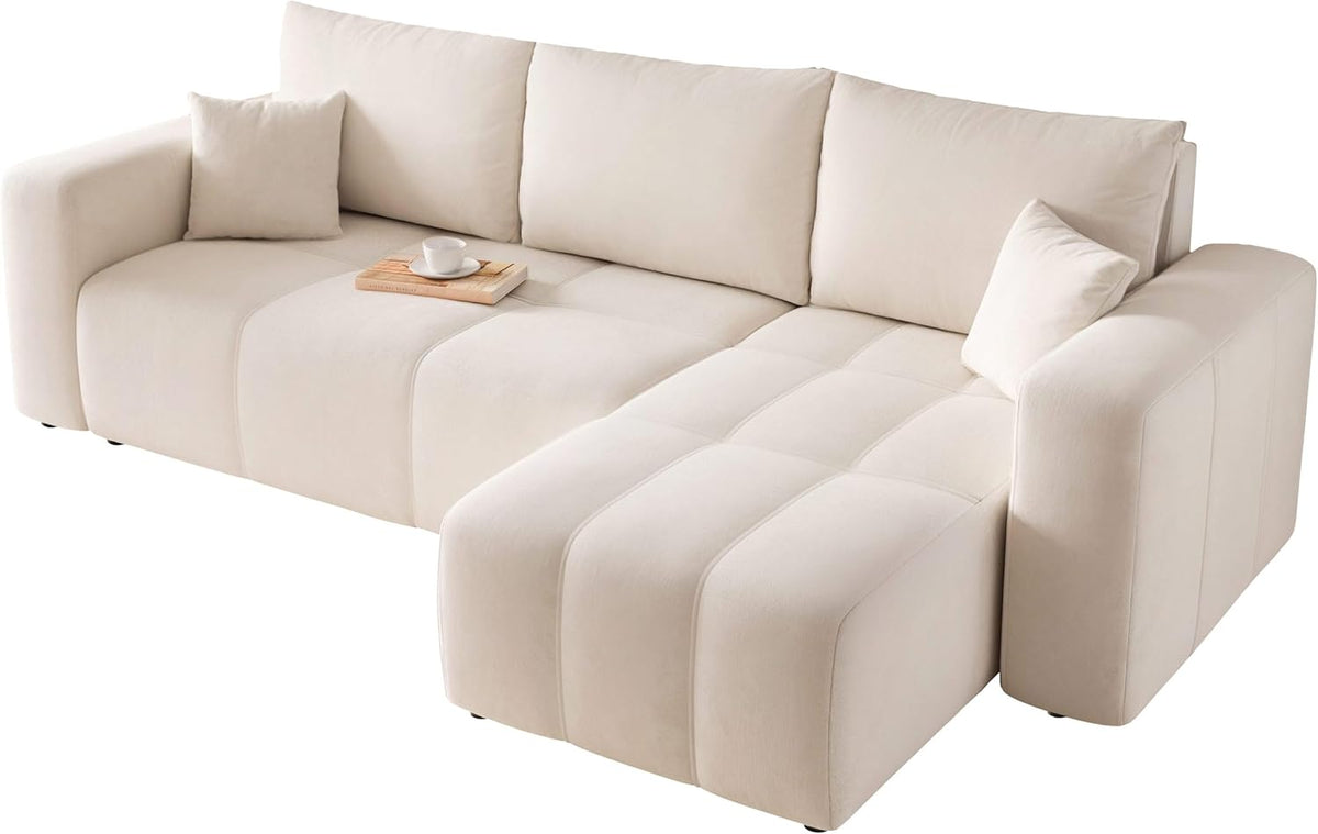 GREKPOL Convertible Corner Sofa 145x248 Left or Right - Beige 3-Seater Convertible Sofa with Storage Space