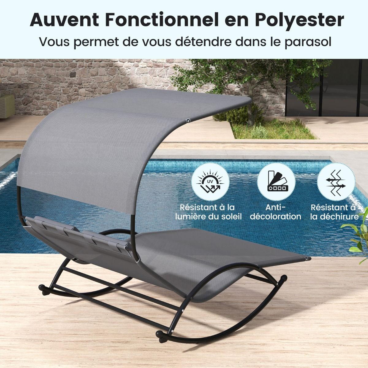 Double Lounger Rocking Chair for 2 People 2 Removable Headrests Sturdy Metal Frame Ergonomic 2-Seater Daybed Grey/Black/Beige -