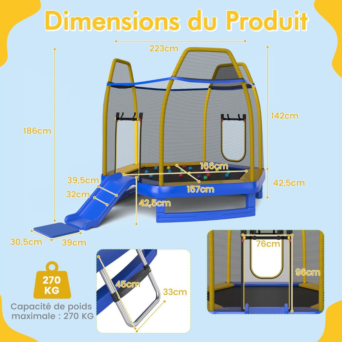 Outdoor Trampoline Ø 223cm with Slide & Ladder with Safety Net 2 U-shaped doors Load 270kg for 2-3 Children aged 3+ Blue/Green -