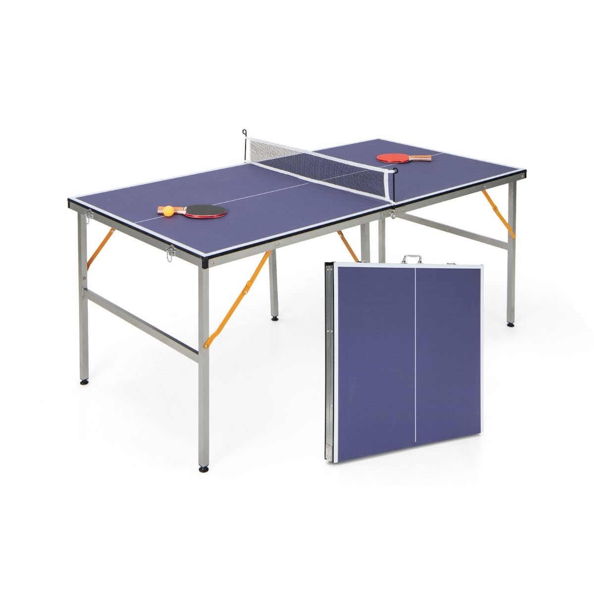 Space Saving Foldable Ping Pong Table with Table Tennis Net with 2 Rackets 3 Balls Adjustable Feet 180 x 90 x 76 cm -