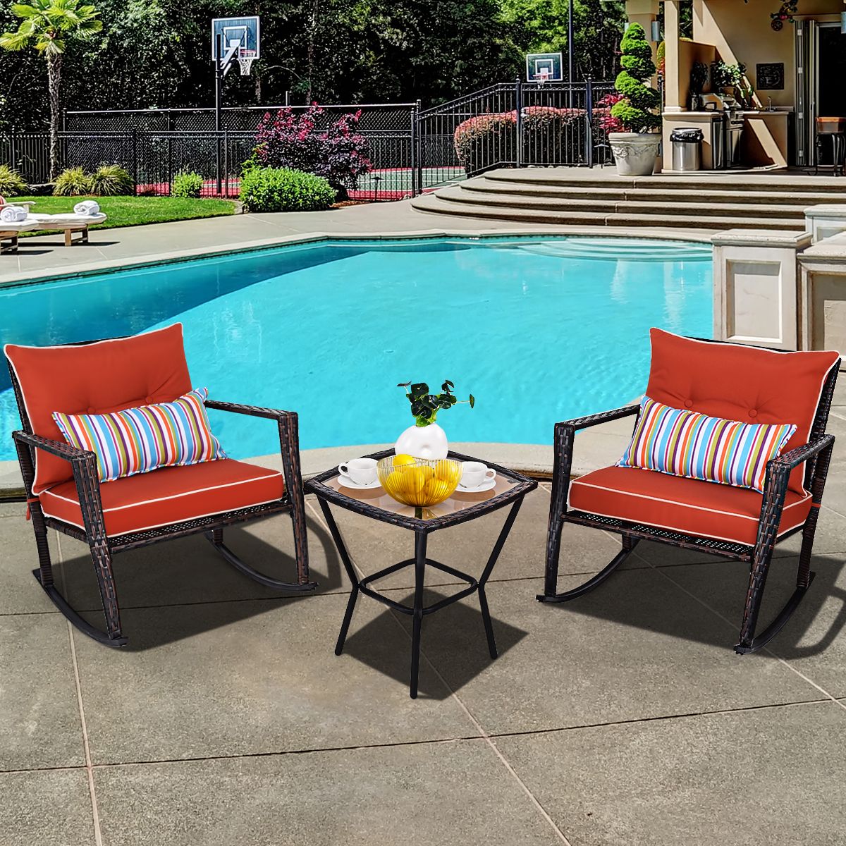 Garden Set with 2 Rocking Chairs and 1 Tempered Glass Coffee Table All Cushions Included in PE Rattan -
